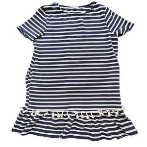 Cotton Bleu Navy & White‎ Striped Dress With Fringe Size Small